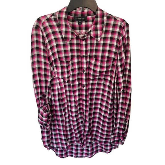 Lane Bryant Pink Plaid Button Down Top Size 14/16 High/low Roll Tab Sleeves - Picture 1 of 5